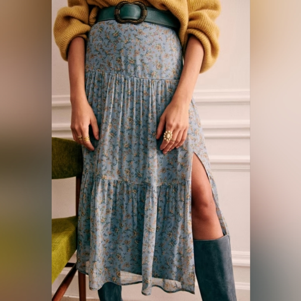Sezane Blue and Yellow A-Line Midi Skirt with Pleats